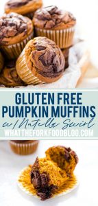 Easy gluten free Pumpkin Muffins with Nutella Swirl are a tasty twist on a classic muffin. There's even a dairy free option! These muffins are great for breakfast year round, not just during the fall. They're quick to make and freeze well so they can be prepped ahead of time for breakfast throughout the week. Gluten Free Muffins from @whattheforkblog - visit whattheforkfoodblog.com for more gluten free breakfast recipes. #glutenfree #pumpkin #muffins #Nutella #breakfast #baking #easyrecipes