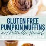 Easy gluten free Pumpkin Muffins with Nutella Swirl are a tasty twist on a classic muffin. There's even a dairy free option! These muffins are great for breakfast year round, not just during the fall. They're quick to make and freeze well so they can be prepped ahead of time for breakfast throughout the week. Gluten Free Muffins from @whattheforkblog - visit whattheforkfoodblog.com for more gluten free breakfast recipes. #glutenfree #pumpkin #muffins #Nutella #breakfast #baking #easyrecipes
