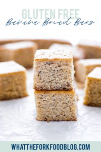 These gluten free banana bars are made from the best gluten free banana bread recipe! They’re super easy to make, bake faster than quick breads, and are great for breakfast meal prep. You can make them dairy free with your favorite plant based milk and you can add your favorite mix ins like walnuts, pecans, chocolate chips, or dried fruit. These are an easy, kid friendly breakfast too! Recipe from @whattheforkblog - visit whattheforkfoodblog.com for more gluten free breakfast recipes.