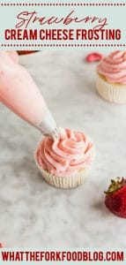 This is the best strawberry cream cheese frosting! Learn how to make frosting in advance, how to store cream cheese frosting, and the best cake and cupcake recipes to pair with it. This frosting is the perfect way to frost your desserts for Easter, Mother’s Day, Memorial Day, 4th of July, graduation parties, and spring/summer birthdays. Recipe from @whattheforkblog - visit whattheforkfoodblog.com for more homemade frosting ideas. Vegan option! No jello, naturally flavored and colored.