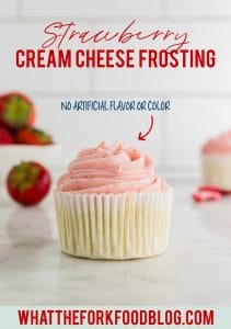 This is the best strawberry cream cheese frosting! Learn how to make frosting in advance, how to store cream cheese frosting, and the best cake and cupcake recipes to pair with it. This frosting is the perfect way to frost your desserts for Easter, Mother’s Day, Memorial Day, 4th of July, graduation parties, and spring/summer birthdays. Recipe from @whattheforkblog - visit whattheforkfoodblog.com for more homemade frosting ideas. Vegan option! No jello, naturally flavored and colored.