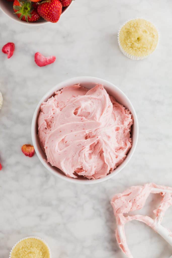 Strawberry Cream Cheese Frosting in a white bowl