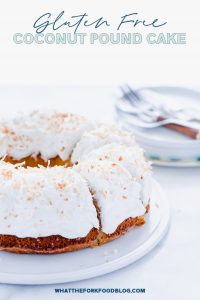 This is a simple, easy recipe for Coconut Pound Cake - aka Coconut Bundt Cake. It’s full of coconut flavor from coconut extract and shredded coconut and is topped with the most delicious, creamy coconut icing and garnished with toasted coconut. It’s a perfect dessert for a crowd or for holidays, birthday cake, and gatherings. It’s moist, dense, and has a tender crumb that’s addicting. Gluten Free Cake recipe from @whattheforkblog - visit whattheforkfoodblog.com for more gluten free desserts.