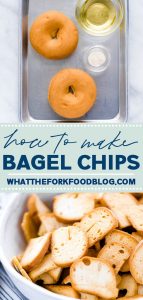 Learn how to make your own homemade bagel chips! Making your own bagel chips saves you money and you can control the seasonings. This recipe is for plain bagel chips (to be used in homemade Chex Mix!) but you can change up the seasonings and spices to suit your taste. I used gluten free bagels to make these simple bagel chips but it works with regular bagels too. Recipe from @whattheforkblog - visit whattheforkfoodblog.com for more!