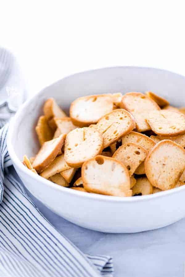 Homemade Bagel Chips in a white bowl