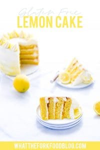 This simple Gluten Free Lemon Cake is one of THE BEST cakes I’ve ever had! Moist, tender cake layered with lemon curd and cream cheese frosting. It’s absolutely delicious and you’d never know it was gluten free! This recipe makes 2 6-inch cake layers that are sliced and turned into a 4 layer cake. You can double the recipe and bake it as a 9 inch cake or 8 inch cake. This lemon cake recipe is perfect for Easter, Mother’s Day, graduation parties, wedding showers, baby showers, and birthday cakes.