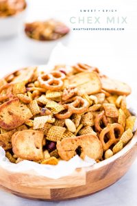 Your favorite Chex Mix recipe gets a sweet and spicy update that’s crazy addicting! It’s the perfect party snack and super easy to make. If you love classic Chex Snack Mix, you’ll love this version. It’s slightly sweet, slightly savory, and you can control how spicy you want it by increasing or decreasing the amount of cayenne pepper to your liking. This is a staple snack for holiday parties, bbq’s, and game day. Recipe is made gluten free but can be made with regular pretzels and bagel chips.