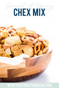 Your favorite Chex Mix recipe gets a sweet and spicy update that’s crazy addicting! It’s the perfect party snack and super easy to make. If you love classic Chex Snack Mix, you’ll love this version. It’s slightly sweet, slightly savory, and you can control how spicy you want it by increasing or decreasing the amount of cayenne pepper to your liking. This is a staple snack for holiday parties, bbq’s, and game day. Recipe is made gluten free but can be made with regular pretzels and bagel chips.