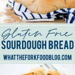 This is a great gluten free sourdough bread recipe and it’s made with just 4 ingredients! Gluten Free flour, salt, water, and gluten free sourdough starter is all you need for a great sourdough boule. This bread has a chewy texture, a golden crisp crust, and it makes excellent toast. This is an easy sourdough bread recipe and it’s perfect if you’re new to baking sourdough bread. Gluten Free Bread recipe from @whattheforkblog - visit whattheforkfoodblog.com for more gluten free baking recipes!