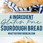 This is a great gluten free sourdough bread recipe and it’s made with just 4 ingredients! Gluten Free flour, salt, water, and gluten free sourdough starter is all you need for a great sourdough boule. This bread has a chewy texture, a golden crisp crust, and it makes excellent toast. This is an easy sourdough bread recipe and it’s perfect if you’re new to baking sourdough bread. Gluten Free Bread recipe from @whattheforkblog - visit whattheforkfoodblog.com for more gluten free baking recipes!