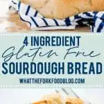 This is a great gluten free sourdough bread recipe and it’s made with just 4 ingredients! Gluten Free flour, salt, water, and gluten free sourdough starter is all you need for a great sourdough boule. This bread has a chewy texture, a golden crisp crust, and it makes excellent toast. This is an easy sourdough bread recipe and it’s perfect if you’re new to baking sourdough bread. Gluten Free Bread recipe from @whattheforkblog - visit whattheforkfoodblog.com for more gluten free baking recipes!