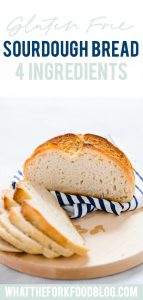 This is a great gluten free sourdough bread recipe and it’s made with just 4 ingredients! Gluten Free flour, salt, water, and gluten free sourdough starter is all you need for a great sourdough boule. This bread has a chewy texture, a golden crisp crust, and it makes excellent toast. This is an easy sourdough bread recipe and it’s perfect if you’re new to baking sourdough bread. Gluten Free Bread recipe from @whattheforkblog - visit whattheforkfoodblog.com for more gluten free baking recipes!
