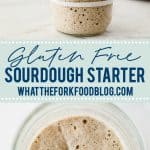 Learn how to make a sourdough starter with gluten free flour with 2 ingredients and minimal equipment. Follow the detailed feeding schedule (free printable schedule available). Learn the basic tools you need, gluten free flour recommendations, and all your sourdough starter questions are answered. This how-to post is full of information to set you up for sourdough starter success. Recipe and tutorial from @whattheforkblog - visit whattheforkfoodblog.com for more gluten free baking recipes.