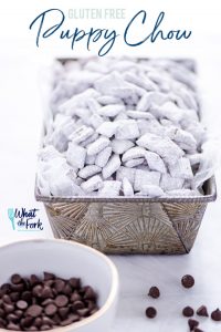 Super simple Gluten Free Puppy Chow - AKA Muddy Buddies is everyone’s favorite sweet snack. You only need a few ingredients to make it - Chex cereal, chocolate chips, butter, vanilla, peanut butter, and powdered sugar. You can even make vegan muddy buddies by using vegan butter and dairy free chocolate chips. This no bake recipe takes less than 15 minutes to make too! The recipe calls for semi-sweet chocolate but you can use milk chocolate or dark chocolate if you prefer.