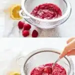 image collage showing steps for straining raspberry sauce