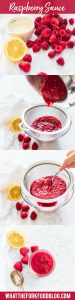 image collage showing steps for straining raspberry sauce