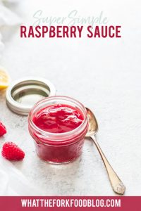raspberry sauce in a jar image with text for pinterest