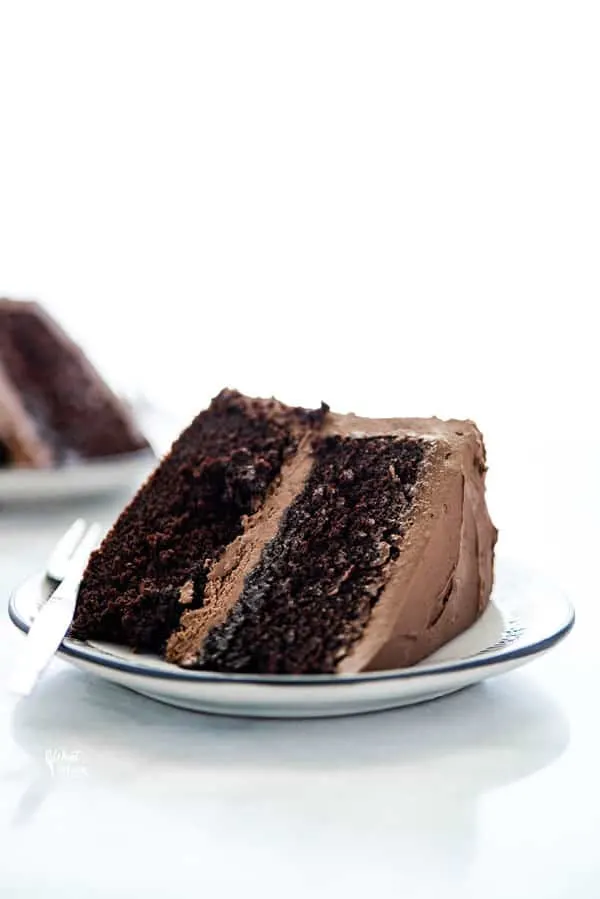 a slice of sourdough chocolate cake on a plate with a fork ready to be served