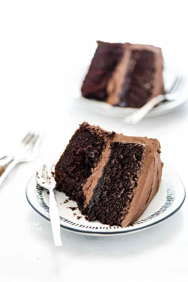 a piece of gluten free chocolate cake on a plate with a bite taken out