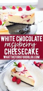 collage image with text of white chocolate raspberry cheesecake for Pinterest