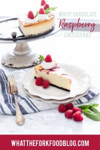 White Chocolate Raspberry Cheesecake image with text for Pinterest