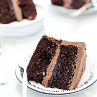 3 pieces of gluten free chocolate cake on plates ready to be served