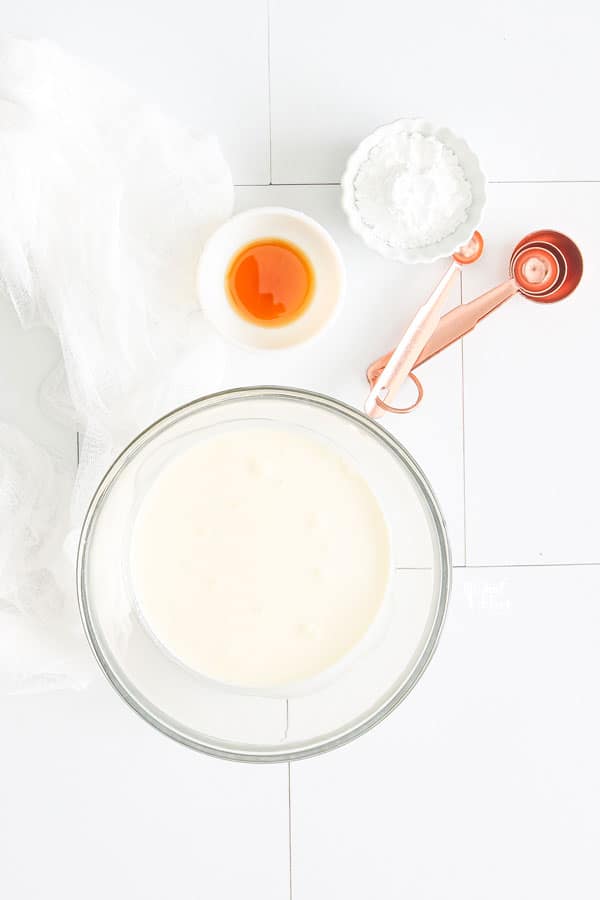 ingredients in separate bowls for homemade whipped cream