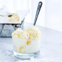 2 scoops of homemade vanilla ice cream in a glass bowl with a spoon sticking out