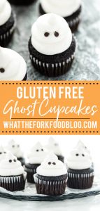 Gluten Free Halloween Ghost Cupcakes on a black wire rack lined with wax paper - collage image with text for Pinterest