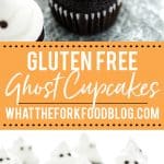 Gluten Free Halloween Ghost Cupcakes on a black wire rack lined with wax paper - collage image with text for Pinterest