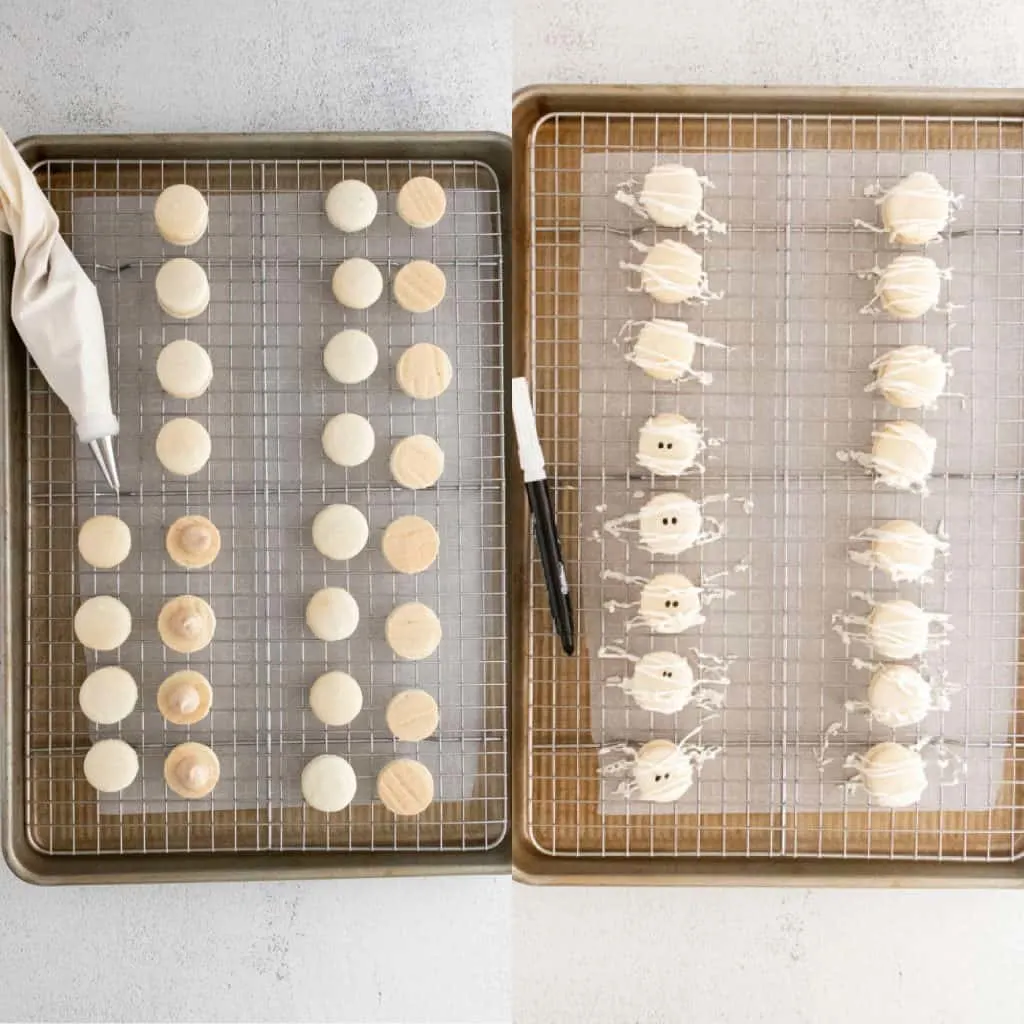 Mummy Macarons with Maple Cinnamon Filling decorating process images