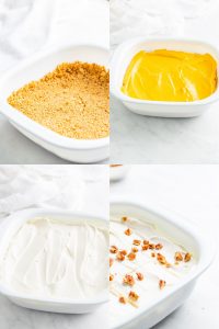collage image with step by step photos of pumpkin lush cake layers