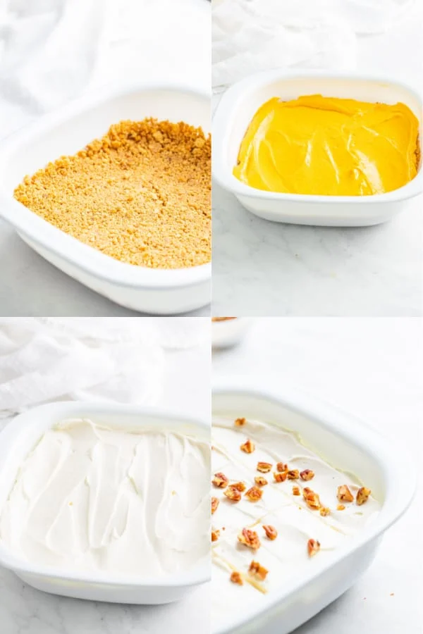 collage image with step by step photos of pumpkin lush cake layers