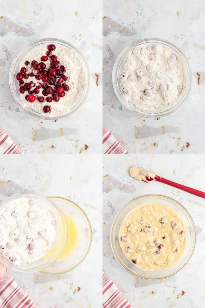 collage image of process shots for white chocolate cranberry muffins