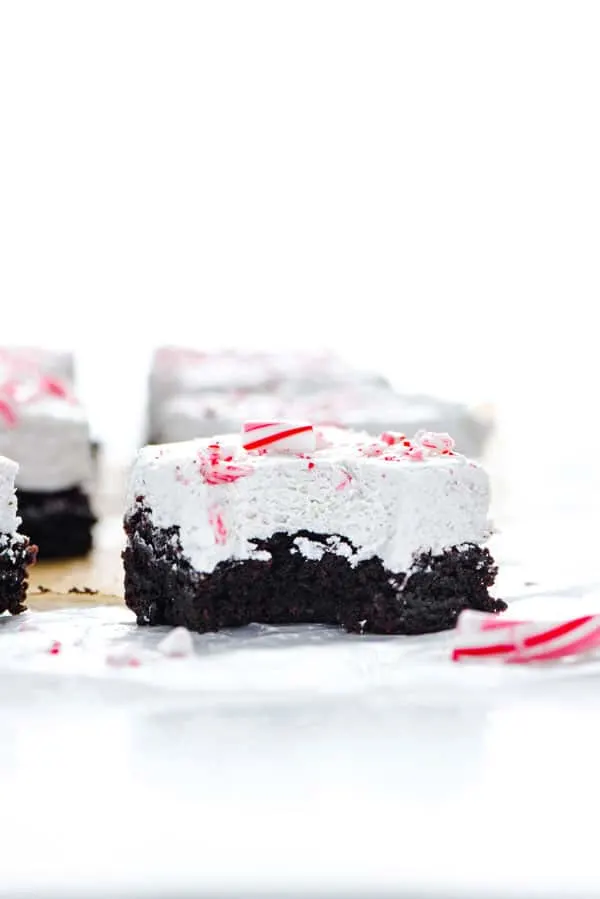 straight on shot of a gluten free peppermint brownie with a bite mark