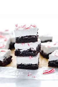 a stack of three gluten free peppermint brownies