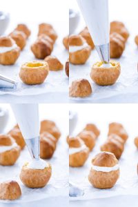 step by step photo collage of gluten free cream puffs being filled with whipped cream