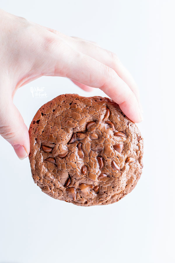 a hand holding a single Flourless chocolate cookie to show the top