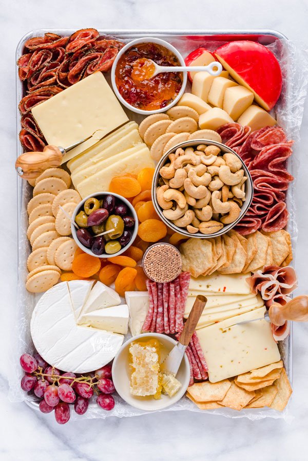 overhead shot of a gluten free charcuterie board ready to be served