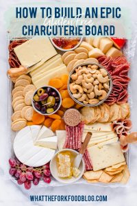 overhead shot of gluten free free Charcuterie Board with text overlay for Pinterest