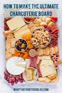 overhead shot of gluten free free Charcuterie Board with text overlay for Pinterest