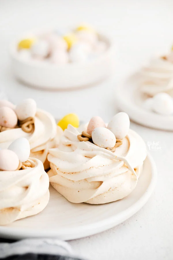 Easter Meringue Nests on a white plate