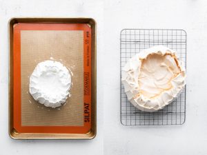 side by side shot of a pavlova recipe before and after baking