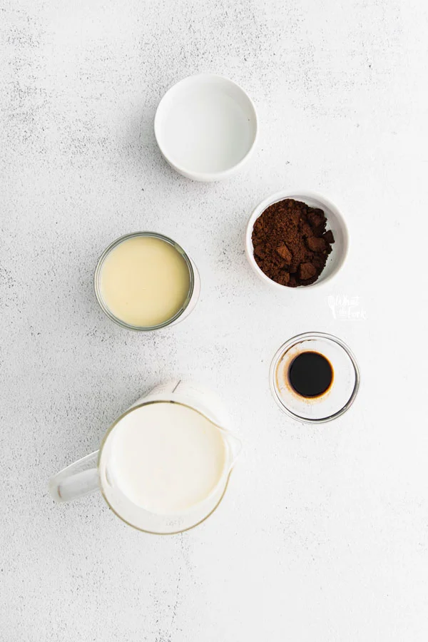 ingredients in individual bowls for a No Churn Coffee Ice Cream Recipe