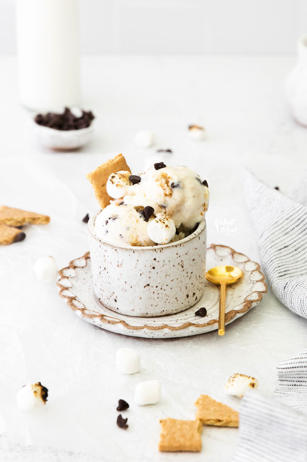 No Churn S'mores Ice Cream in a pottery cup on a small pottery plate with a gold spoon