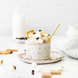 No Churn S'mores Ice Cream in a pottery cup on a pottery plate with a gold spoon