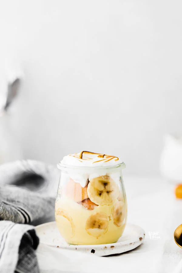Banana Pudding Recipe in an individual glass jar ready to be served