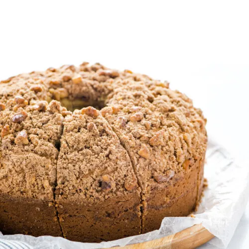 sliced Gluten Free Sour Cream Coffee Cake Recipe ready to serve