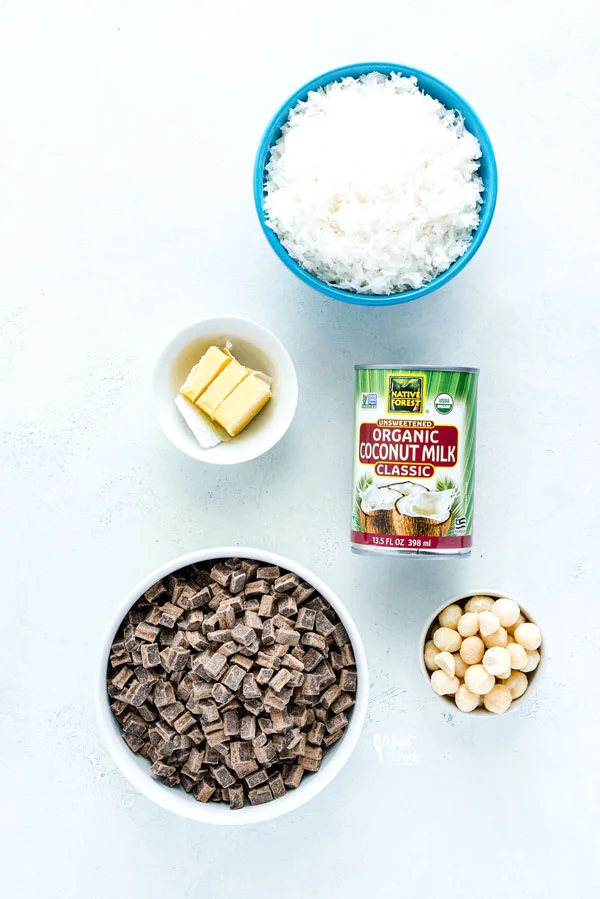 ingredients for Macadamia Nut Chocolate Pie with Coconut Crust