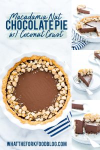 Macadamia Nut Chocolate Pie with Coconut Crust collage image with text for Pinterest